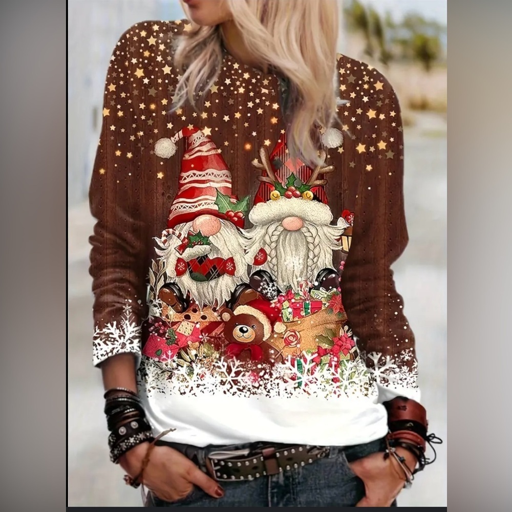 Unbranded Festive Brown and White Santa Gnomes Christmas Top